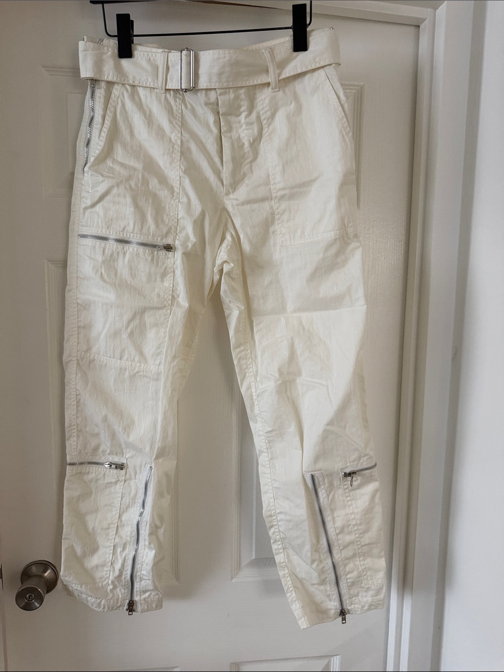 Helmut Lang White Cargo Pants with Silver Zippers